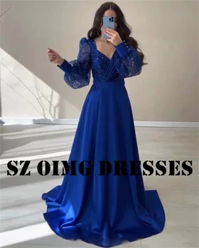 OIMG Naujo dizaino prom suknelės pūstomis rankovėmis Saudo Arabijos moterys A-Line Satin blizgučiai Mėlyni vakariniai chalatai Oficiali vakarinė suknelė