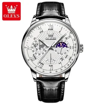 OLEVS Top prekės ženklo vyriškas laikrodis Casual Leather Strap Quartz Big Watch Waterproof Luminous Calendar Timekeeping Moon Phase Watch