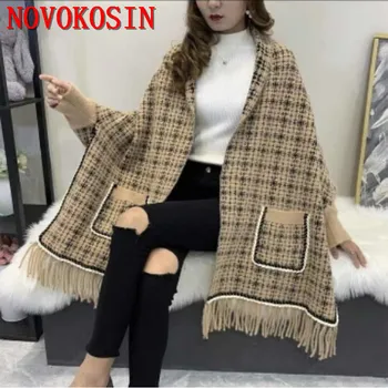 Oversize Outwear Faux Mink Velvet Winter Knitted Houndstooth Poncho Capes Women Cloak Batwing Sleeve Pocket Coat Kutsel Shawl