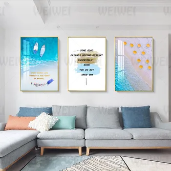 Pajūrio peizažas Namų dekoravimo tapyba Mėlyna jūra ir valtis Svetainė Sieninė drobė Meno plakatas Modernaus stiliaus knygynas Spaudiniai