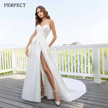 PERFECT Sexy Simple A-line aukštos kojos plyšys Vestuvinės suknelės moteriai Pleat Ruffle be petnešėlių Elegantiški nuotakos chalatai 2024