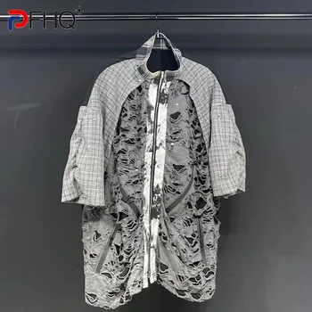 PFHQ Patchwork Original Designer Broken Hole Vyriški marškiniai trumpomis rankovėmis Vasaros elegantiški aukštos kokybės užtrauktukai New Tops Tide 21F1617