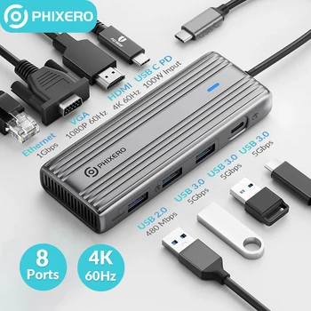 PHIXERO USB C ŠAKOTUVAS 4K60Hz C tipas į HDMI RJ45 PD 100W adapteris, skirtas Macbook iPad Pro Air M2 M1 Sumsang PC priedai USB 3.0 ŠAKOTUVAS