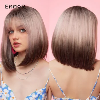 Pink Emmor Trumpi tiesūs sintetiniai perukai su kirpčiukais Ombre juodas natūralus Bobo perukas moterims Cosplay vakarėlis karščiui atsparūs netikri plaukai