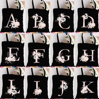 Pink English Flower Letter Print Shopping Bag Harajuku Ulzzang Shopper Bag Totes Large Capacity Fashion Shoulder Bags