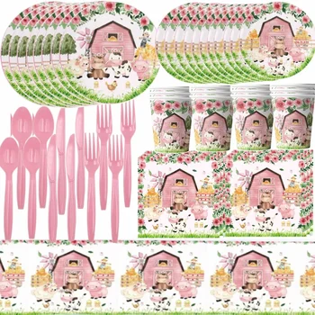 Pink Farm gimtadienio šventės dekoracijos Vaikas Favoritas Balionas Reklamjuostė Staltiesė Stalo reikmenų rinkinys Kūdikių dušo gyvūnas Vaikų vakarėlių reikmenys