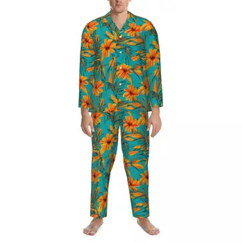 Pižama Vyrai Tropinis spausdinimas Namų miego drabužiai Tropinis spausdinimas Dviejų dalių vintažinės pižamos rinkinys ilgomis rankovėmis Mielas oversized namų kostiumas
