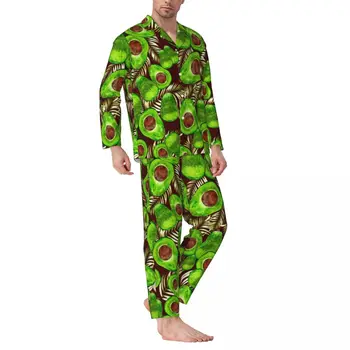 Pižama Vyriškos avokado salotos Miego naktiniai drabužiai Žali vaisiai Spausdinti 2 vnt Retro pižamos rinkinys ilgomis rankovėmis Šiltas oversize namų kostiumas