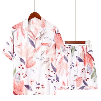 Plius dydis S-3XL 100% Viskozė Vasarinė moteriška pižama Plona sekcija Šortai trumpomis rankovėmis Didelis gėlių atspaudas Namų serviso pižama