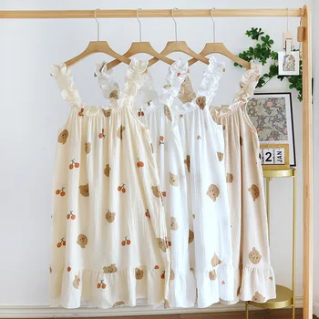 Printed Sling Pajama Suknelė naktiniams drabužiams Moteriški vasariniai medvilniniai ploni miego drabužiai Laisvi vidutinio ilgio animaciniai pižamos drabužiai