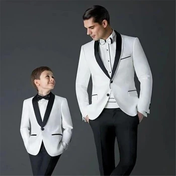 Pritaikomi vaikiški kostiumai vestuviniam kostiumui Juoda balta vestuvinė prom kostiumai Blazers Švarkai Kelnės 2 dalių tėvų-vaikų siuvėjas