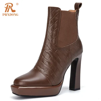 PRXDONG Naujas prekės ženklas Natūralios odos moteriški batai 2023 Rudens žiemos šilti kulkšnies batai Aukštakulnių platforma Juoda ruda suknelė Vakarėlis