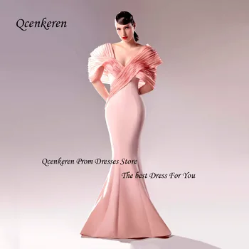 Qcenkern Pink Pleat V-Neck Prom Gown Crepe Mermaid vakarinė suknelė Grindų ilgio trumpomis rankovėmis vakarėlis Dubajaus chalatas
