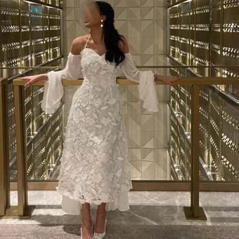 Qcenkern Sweetheart Evening Formal Saudi Arabia Satin Long Sleeves White Applique Party Dresses Gowns Women Robes de Soirée 2023
