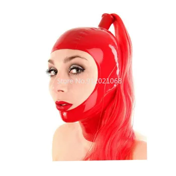 Rankų darbo raudonas latekso gaubtas su ponytail peruku Guminė kaukė Atviras veidas su plaukais Pigtail Tube Halloween Cosplay kostiumai moterims