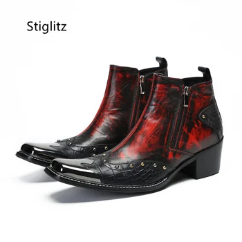 Raudona juoda Patchwork Vyriški kulkšnies batai Metaliniai pirštų užtrauktukai Aukštakulniai Natūralios odos batai vyrams Stilingi kniedės trumpi rudens batai