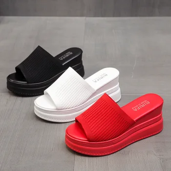 Raudonos baltos šlepetės Pleištiniai kulniukai Moteriški sandalai Platforma Pleištai Batai Ponios Vasaros sandalai Paplūdimio sandalai Aukštos platformos šlepetės