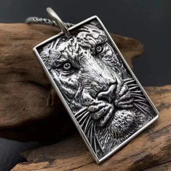 Real 925 Sterling Silver Lucky Men Gift Lion Head Hip Hop Square Pailgas pakabukas 10-11g