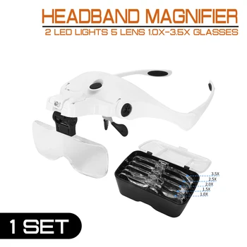 Reguliuojamas laikiklis Didintuvas Galvos juosta Lupe 2 LED žibintai 5 objektyvai 1.0X-3.5X akiniai ir USB įkrovimo akiniai Pagalba rankiniam instrumentui