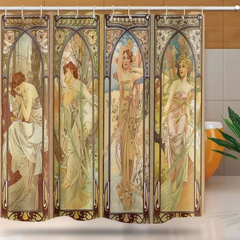 Retro Art Nouveau Lady Printed Shower Curtain Aesthetic Art Times of The Day Bathtub Screen Waterproof Fabric Bathroom Decor