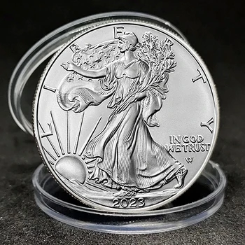 Riboto leidimo 2023 m. nevaliutinė moneta Proginė laisvės deivė ir sidabrinė erelio moneta Patriotinis garbės ženklelis