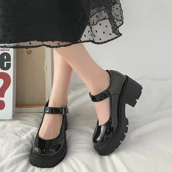 Rimocy 2022 Nauji juodi aukštakulniai batai Moterys siurbia madą Patentuotos odos platformos batai Moteris Apvalus pirštas Mary Jane batai Mujer