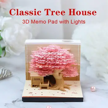 Romantiškas namelis medyje 3D Memo Pad popieriaus drožybos meno amatų užrašai su LED 2024 kalendoriumi Lipnūs ornamentai Notepad dekoravimas Lig Z9S2