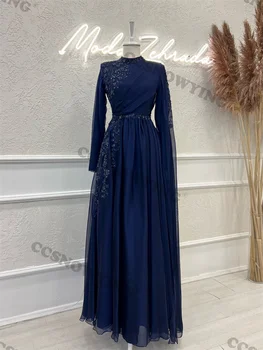 Royal Blue Beaded ilgomis rankovėmis aukšto kaklo šifono vakarinės suknelės Prom Dres Arabic Dubai Kaftans