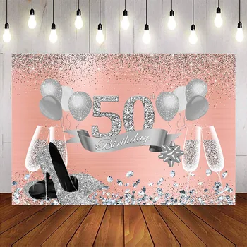 Rožinis 50-ojo gimtadienio šventės dekoravimo fonas slydimas blizga blizgantis penkiasdešimt gimtadienio fonas balionas Aukštakulniai Šampanas