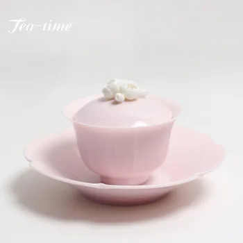 Rožinė ranka Suspausta gėlė Porceliano arbatos rinkinys Kung Fu arbatinukas Arbatos puodelis Ponios arbatos gaminimas Virdulys Gaiwan puodelis Lėkštė Teaveras Graži dovana