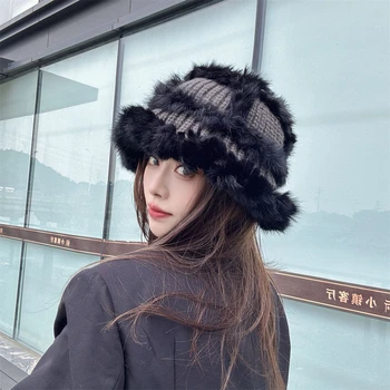 Ruduo žiema Korėjiečių kasdienis pūkuotas megztas sutirštintas kibiras Skrybėlė Moterys Mada Šilta ausų apsauga Lauko Panamos kepurė Žvejo kepurė