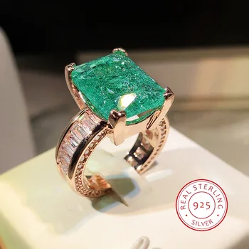 S925 Sidabriniai prabangūs krištolo kubiniai cirkonio žiedai Mados kvadrato formos piršto žiedas moterims Vestuvių vakarėlis Žalios spalvos papuošalai
