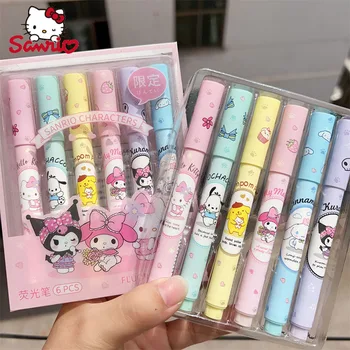 Sanrio 12vnt Kawaii Hello Kitty highlighter 6 spalvų dėžutės didelės vertės spalvotas rašiklis daugiafunkcinis Kulomi Girl širdies žymeklis
