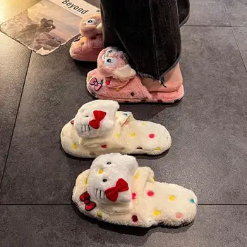 Sanrio Hello Kitty Moterys Žieminės šlepetės Neslidūs minkšti šilti naminiai batai Ponios Vidinis miegamasis Šlepetės Animacinis filmas Pliušinės grindys Skaidrės