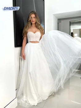 Seksuali A linijos vestuvinė suknelė be petnešėlių Elegantiška grindų ilgio vestuvinė suknelė be rankovių Paprasta Vestidos De Novia