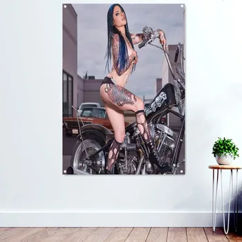 Sexy Busty Motociklų mergaičių plakatai ir spaudiniai berniukams Kambario reklamjuostė Sienos menas Vėliava Baras Klubas Vyras Urvas Baras Garažas Sienų dekoro tapyba