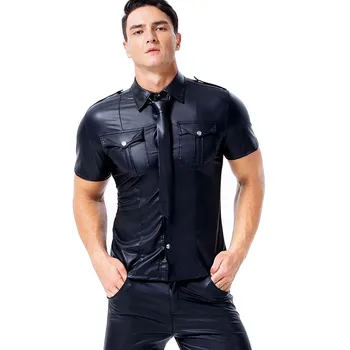 Sexy Man Faux Leather Black Military Style Shirt ShortSleeve Button Up Tee Top Uniform Gay Erotic Suit Dance Wear