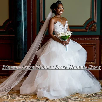 Sexy Ruffles Vestuvinė suknelė Custom Bride Dresses V Neck Tapeless Crystals Backless Sweep Train Africa Bridal Gown Robe Mariage