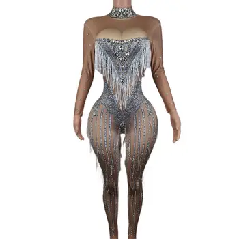 Sexy Tassel Rhinestone Jumpper for Women Outfit Nightclub Singer Birthday Kostiumas Stage Dance Wear R avePole Clothing Pubuku