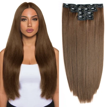 Sintetiniai 4vnt/rinkinys 13 Clips In Hair Extensions 22Inch Long Straight Hairpiece Brown Black Karščiui atsparūs netikri plaukai moterims