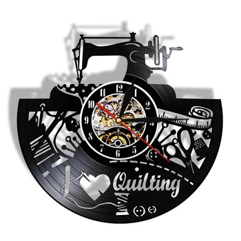 siuvimo mašina Vinilinė plokštelė Sieninis laikrodis Man patinka dygsniuoti Pakabinamas modernaus dizaino meno siuvimo kambarys Siuvėjų parduotuvė Dekoras Siuvėjas Parduotuvė Dovana