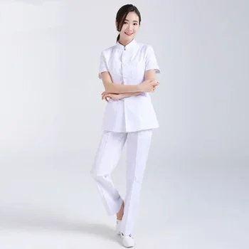 Slaugytojos drabužių padalintas kostiumas slaugytojos drabužių kostiumas moteriška vasarinė trumpomis rankovėmis stand-up apykaklė yuesao gydytojo grožio salonas dantų darbas