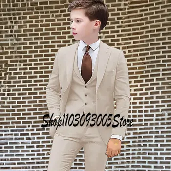 Smėlio spalvos kostiumas berniukams Oficialios vakarėlio švarko kelnės Liemenė 3 dalys 2-16 metų Smailus atlapas Vestuvinis smokingas Kids Blazer Child Set