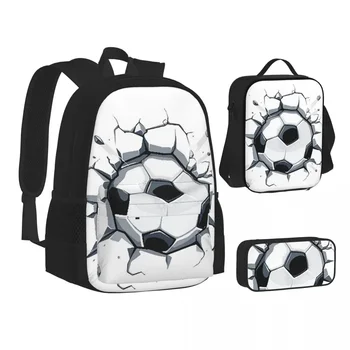 Soccer Ball 3d Art Drawing Worldcup 2022 Football Game Sports Backpack Bookbag School Bags Lunch Bag Pen Bag Three-Piece Set
