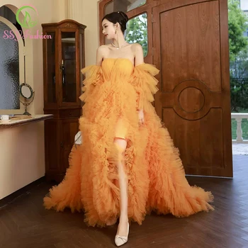 SSYFashion Nauja prabangi oranžinė suknelė moterims Seksuali torto stiliaus suknelė be petnešėlių Romantiški vakariniai vakarėlio chalatai Vestidos De Fiesta