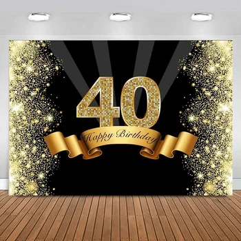 Su gimtadieniu 40-ojo gimtadienio fone Auksinis ir juodas fotografijos fonas Auksiniai blizgučiai Nuotraukų vakarėlio stalas Reklamjuostės dekoravimo reikmenys