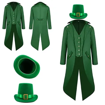 Suaugę vyrai St Patrick's Day kostiumas Fantasy Steampunk Retro Cosplay švarko paltas Kepurės apranga Helovino karnavalo vakarėlio kostiumas