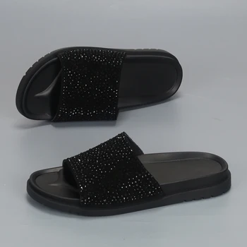 Summer All Black Cowhide Hot Diamond Fashion Versatile Outwear Storas padas Patogios laisvalaikio šlepetės