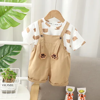 Summer Baby Girl Clothes Luxury Brand Cartoon Printed Marškinėliai trumpomis rankovėmis ir kombinezonai Vaikiški kostiumai Mažylių berniukų aprangos komplektas