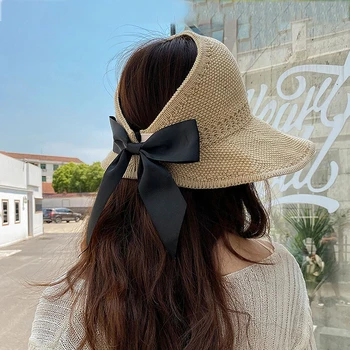 Summer Wide Brim Straw Hat Women Empty Top Ribbon Bowknot Sun Hats Female Elegant Foldable Soft Outdoor Travel Beach Tour Kepurės